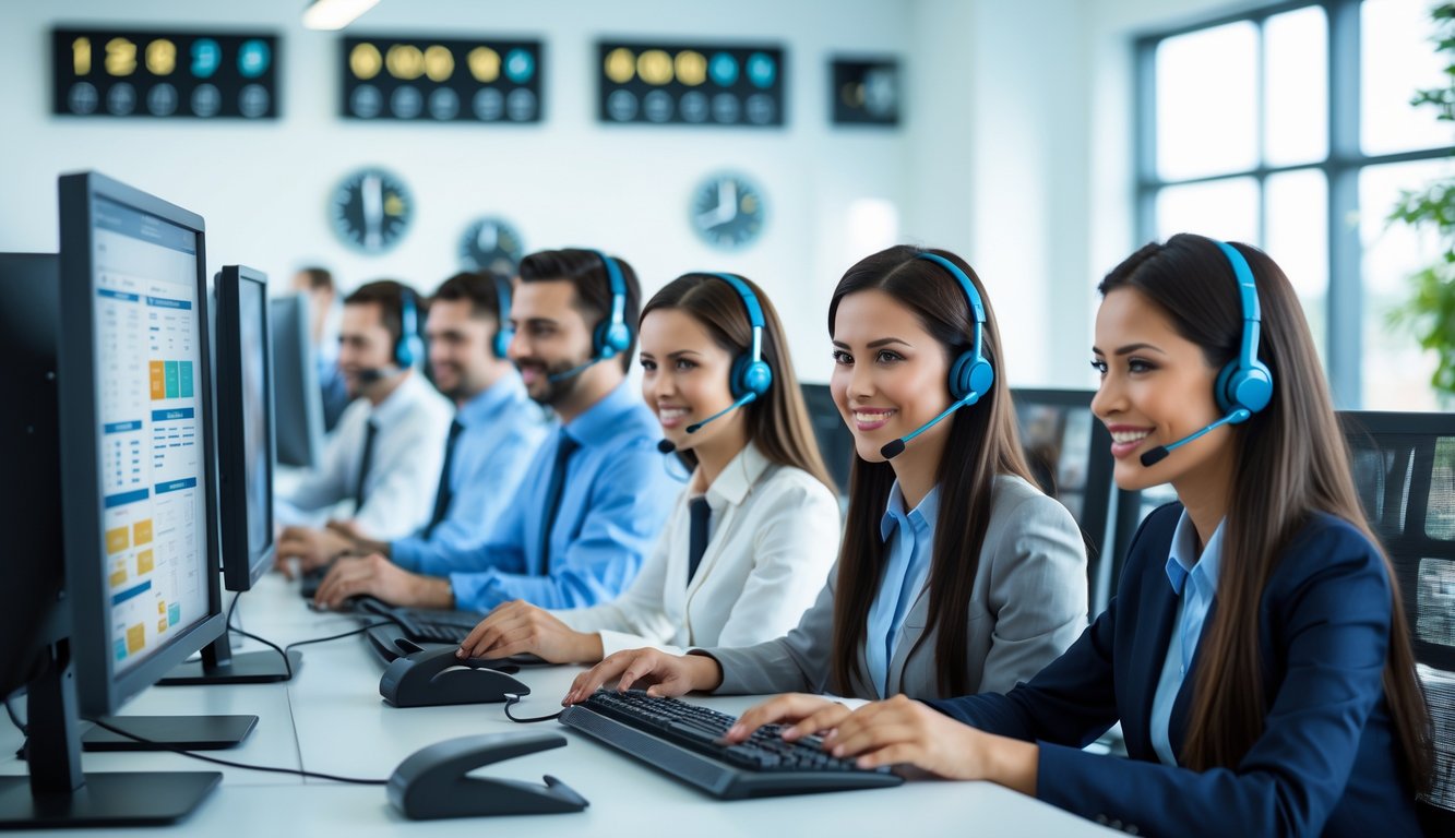 Seorang tim layanan pelanggan yang ramah sedang bekerja di pusat layanan dengan komputer dan headset, menunjukkan layanan 24 jam.