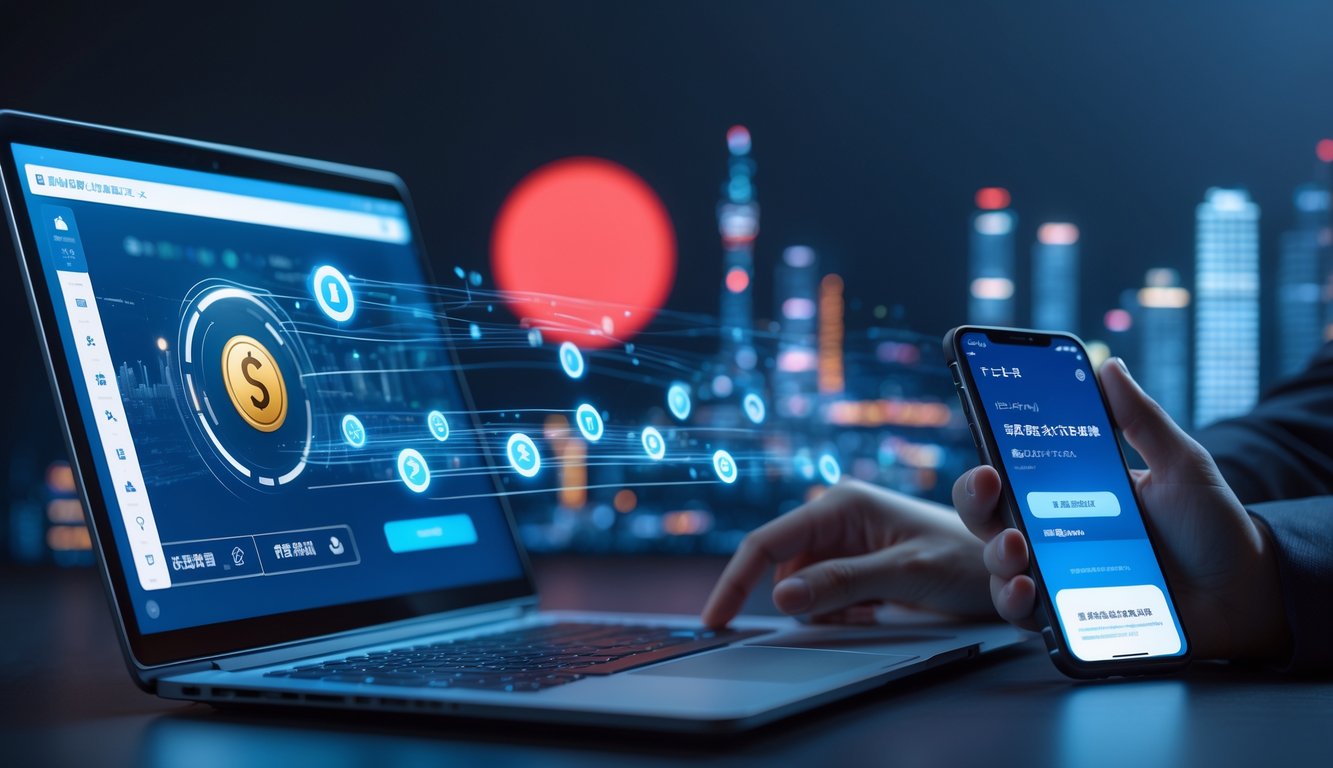 Orang menggunakan laptop dan ponsel untuk melakukan transaksi online yang cepat dan aman dengan latar belakang elemen yang mewakili Jepang.