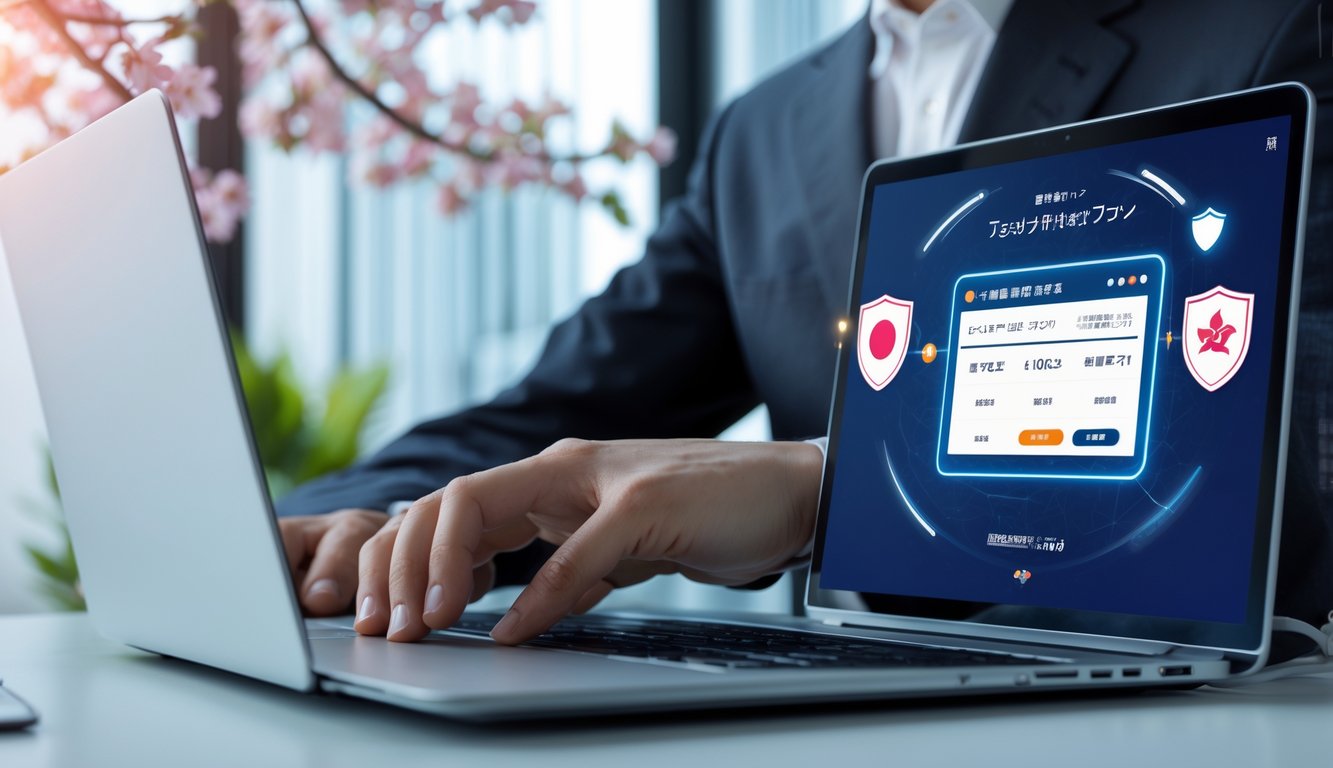 Seseorang menggunakan perangkat digital di ruang kerja modern dengan latar belakang elemen budaya Jepang, menggambarkan transaksi online yang cepat dan aman.