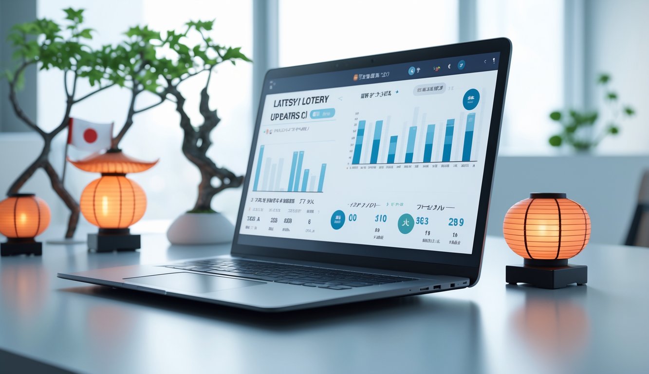 Meja kerja modern dengan laptop yang menampilkan hasil lotere digital dan elemen khas Jepang seperti bendera kecil dan tanaman bonsai.