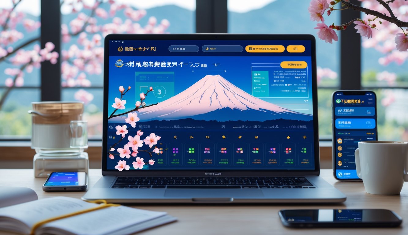 Seorang pria menggunakan laptop di meja kerja yang menampilkan antarmuka lotere online dengan elemen Jepang, dikelilingi oleh grafik hasil terbaru dan ponsel di sampingnya.