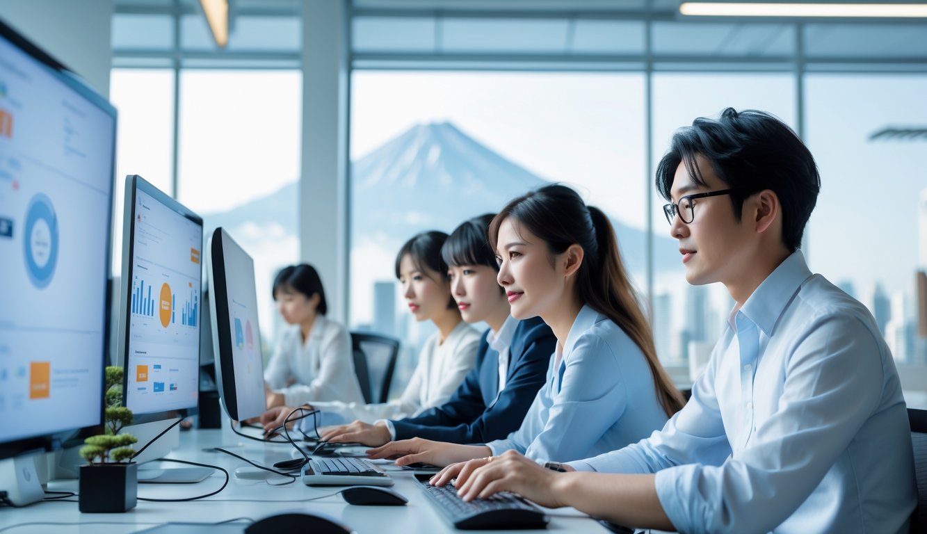 Sekelompok profesional muda bekerja bersama di kantor modern dengan perangkat digital, menunjukkan proses verifikasi cepat dalam layanan terkait Jepang.