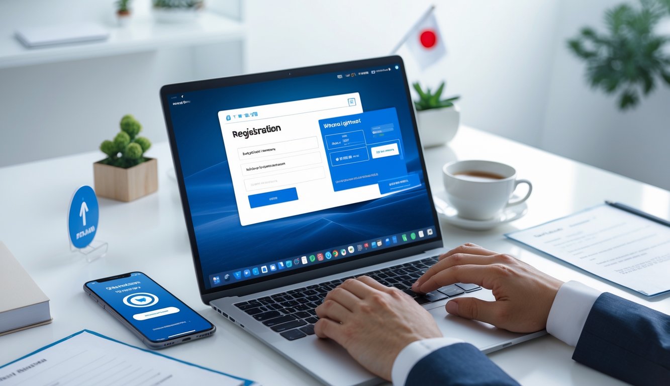 Seseorang sedang mengetik di laptop di meja kerja dengan ponsel dan dokumen di sekitarnya dalam ruangan kantor yang terang dan rapi.