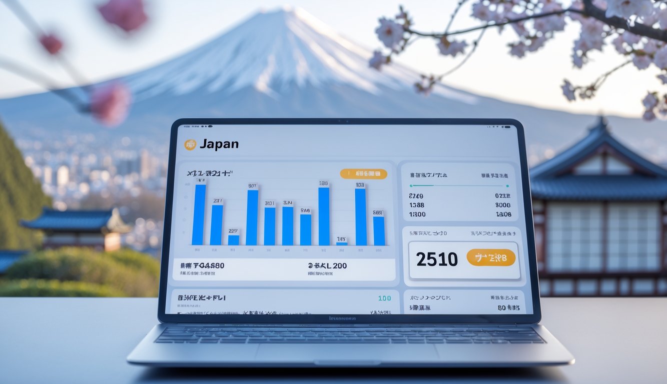 Layar perangkat digital menampilkan hasil live togel Jepang dengan latar belakang elemen budaya Jepang yang samar seperti Gunung Fuji dan bunga sakura.