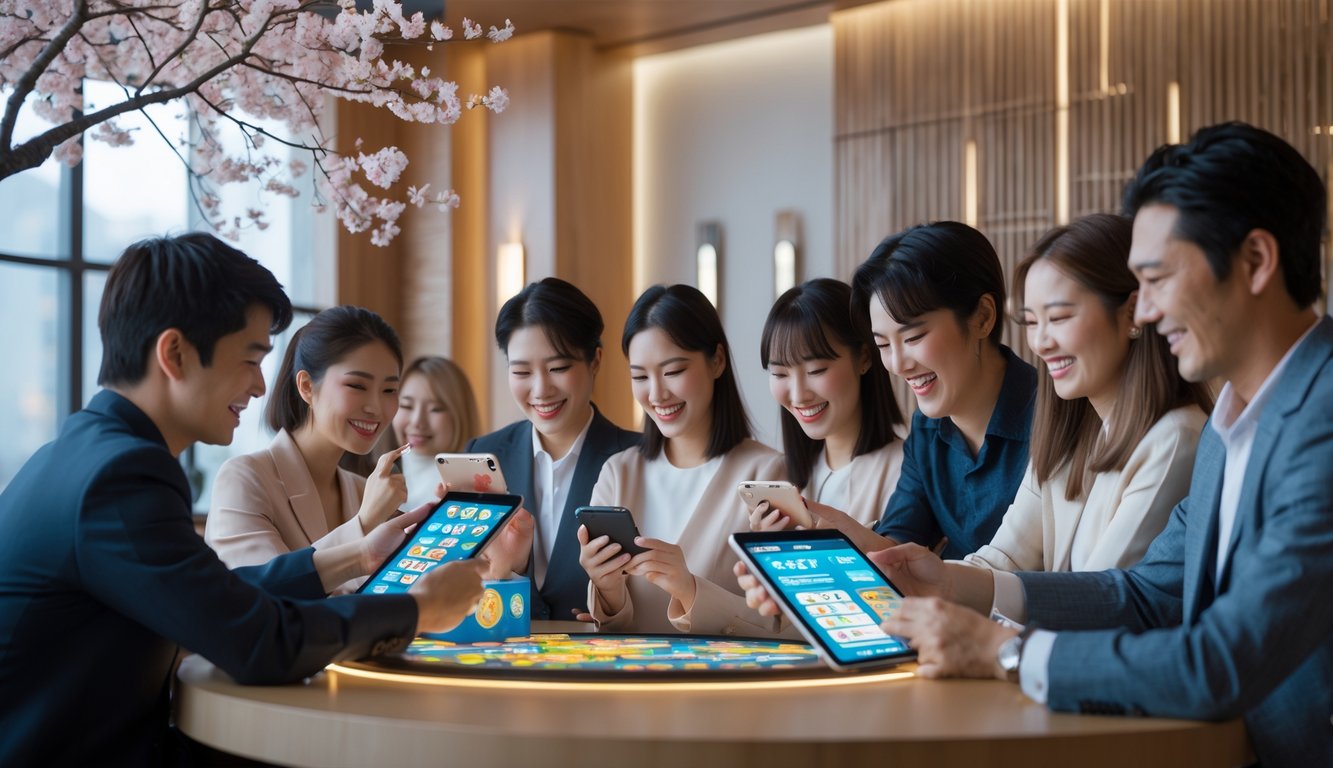 Sekelompok orang muda yang antusias menggunakan perangkat digital di ruangan bergaya Jepang dengan dekorasi minimalis dan bunga sakura.