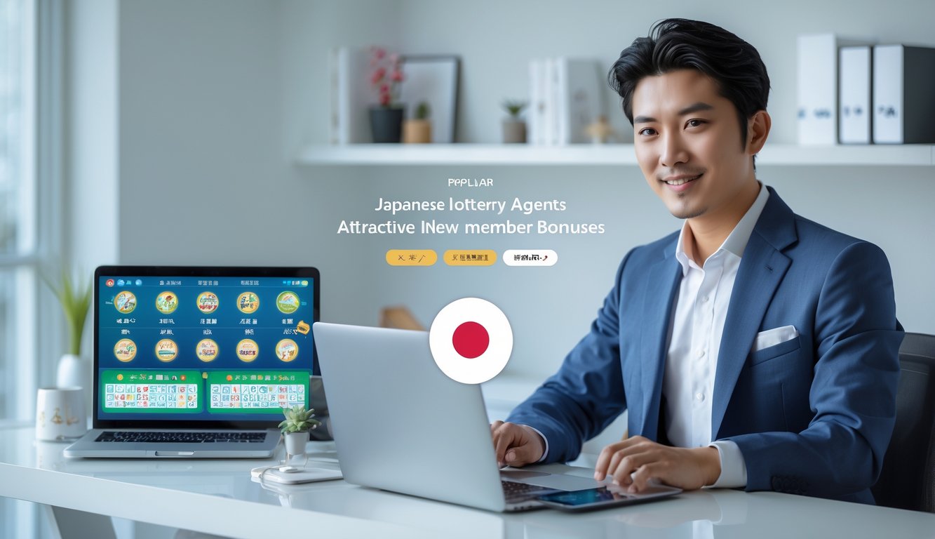 Seorang pria muda di kantor modern menggunakan laptop dan ponsel yang menampilkan grafik terkait lotere Jepang.