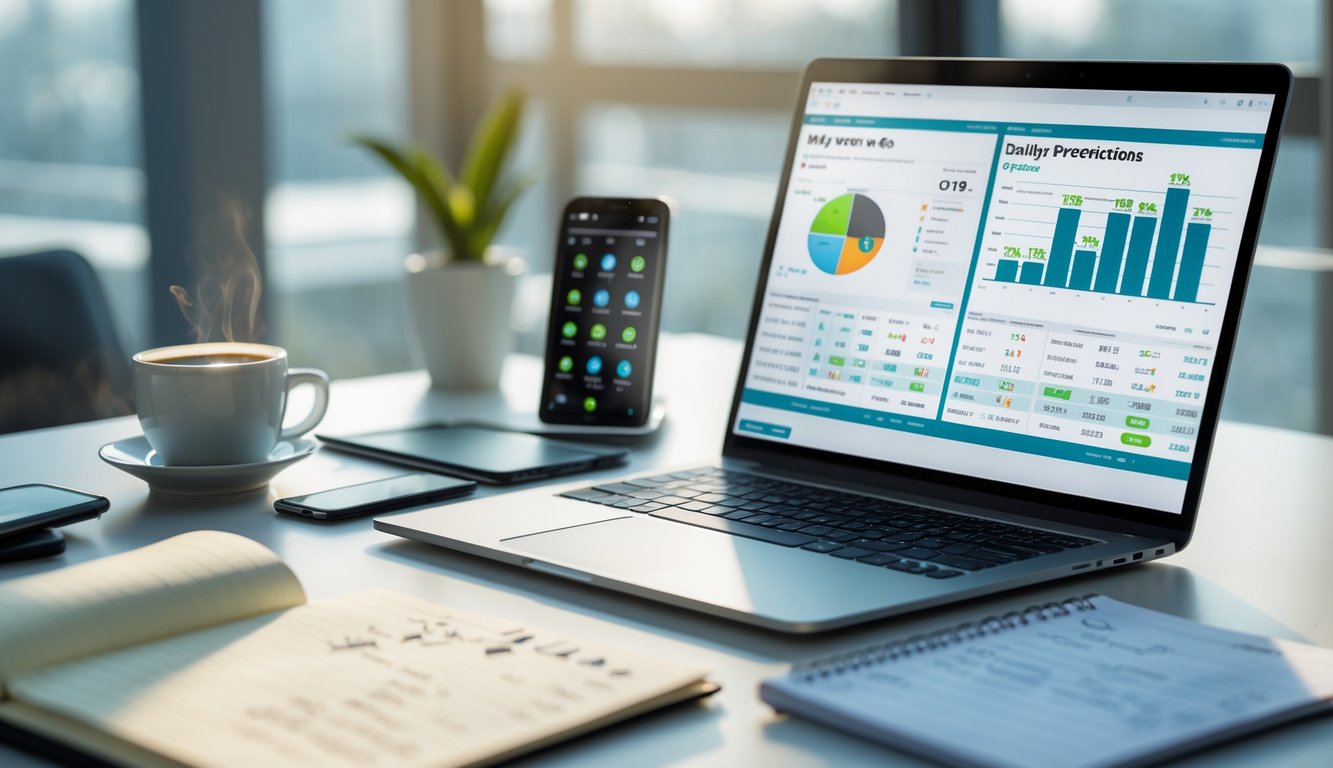 Meja kerja dengan laptop yang menampilkan grafik dan statistik togel Jepang, ponsel dengan tiket digital, dan alat tulis di sekitarnya.