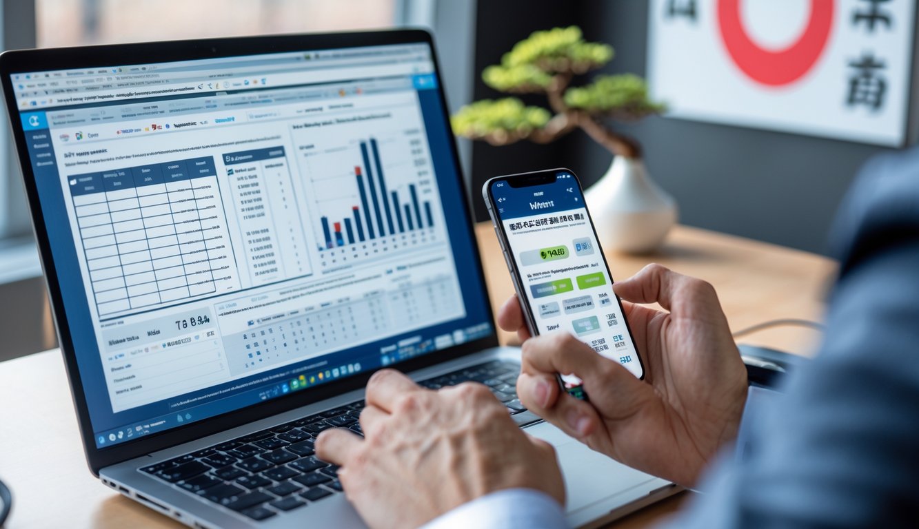 Meja kerja modern dengan laptop dan ponsel yang menampilkan data dan prediksi togel, dengan dekorasi kecil bergaya Jepang di latar belakang.