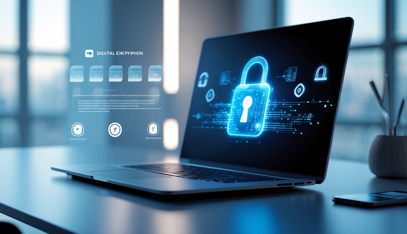 Sebuah laptop di meja kerja modern menampilkan grafik enkripsi data dengan latar belakang peta Jepang dan simbol keamanan digital.