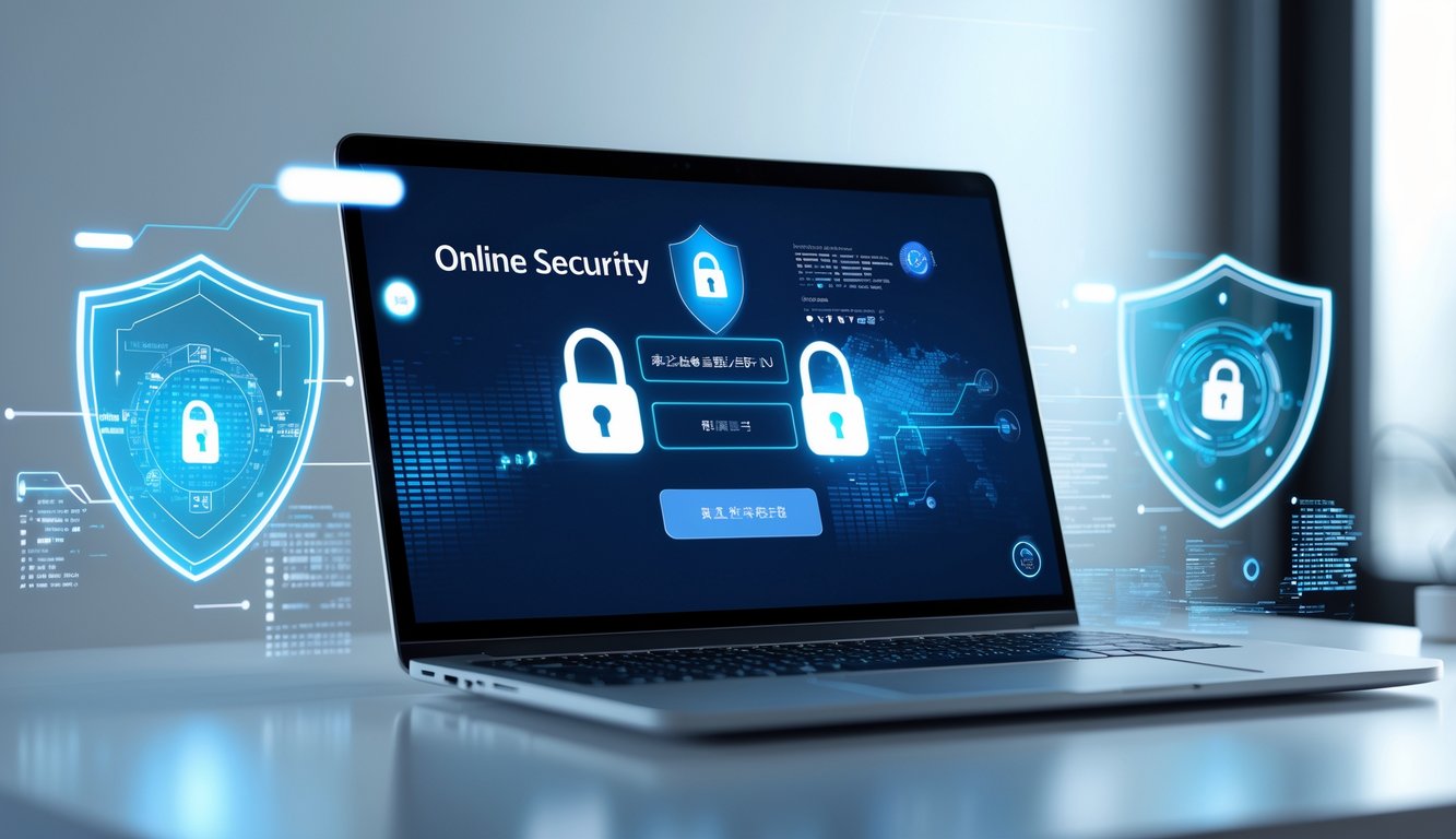 Seorang pengguna di depan laptop dengan simbol keamanan digital dan elemen enkripsi data yang mengambang di sekitarnya.