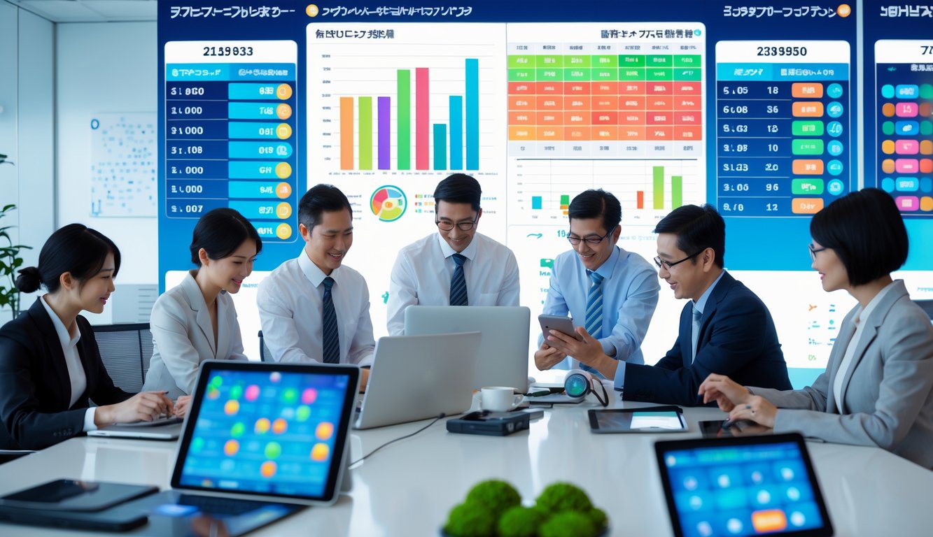 Sekelompok profesional bekerja di kantor modern dengan layar digital menampilkan grafik dan data terkait pasar lotere Jepang.