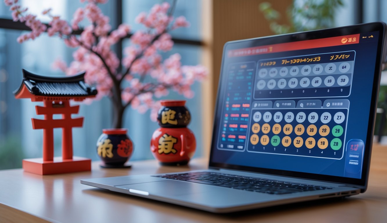 Meja kerja modern dengan laptop yang menampilkan antarmuka digital angka lotere dan hiasan kecil bertema Jepang di latar belakang.