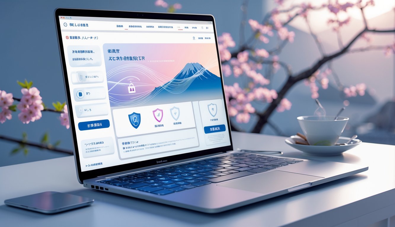 Sebuah komputer di meja kerja menampilkan antarmuka digital dengan latar belakang elemen budaya Jepang, menunjukkan lingkungan online yang aman dan stabil.