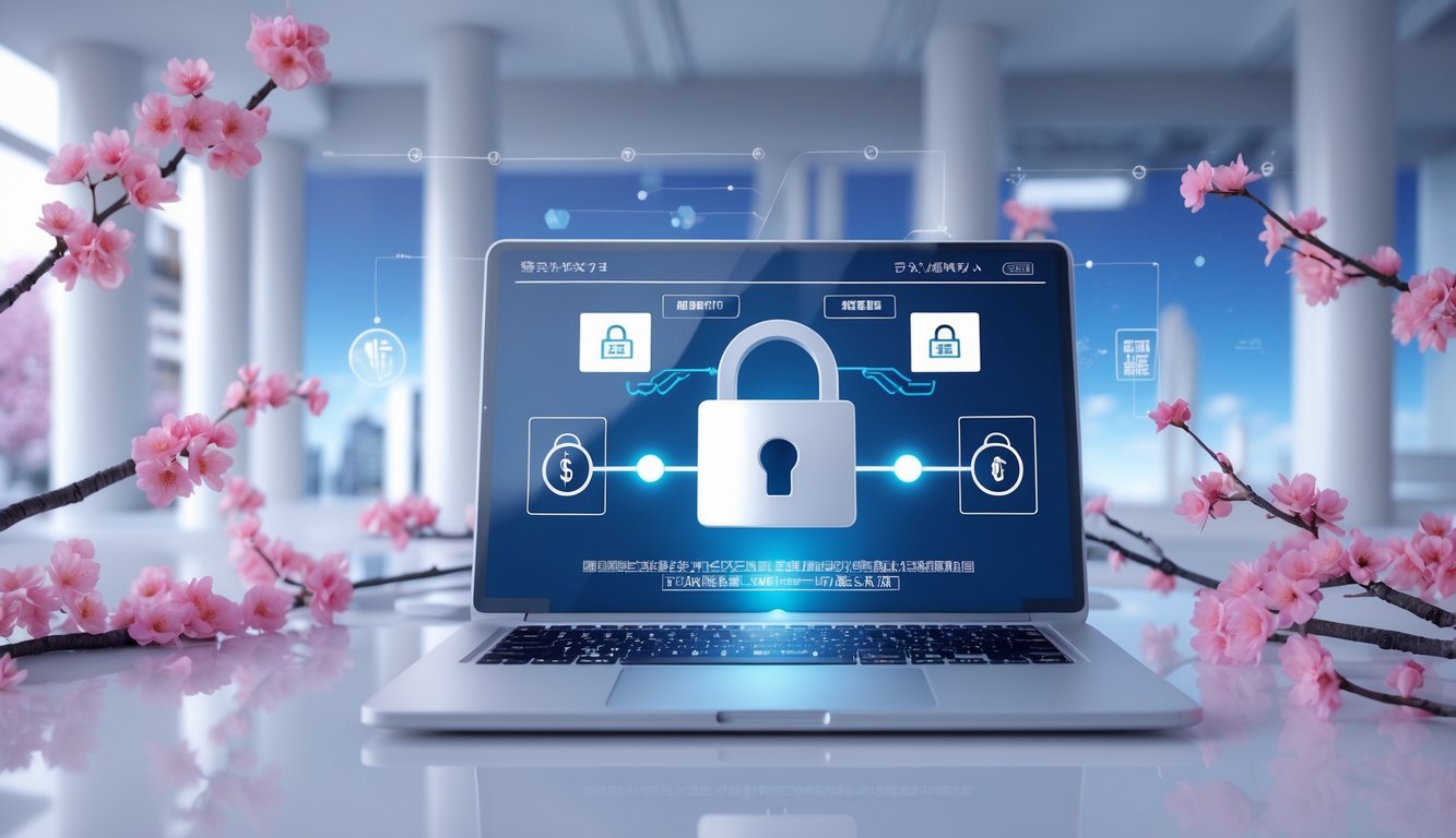 Antarmuka digital modern yang menampilkan koneksi aman dan stabil dengan elemen budaya Jepang di latar belakang.