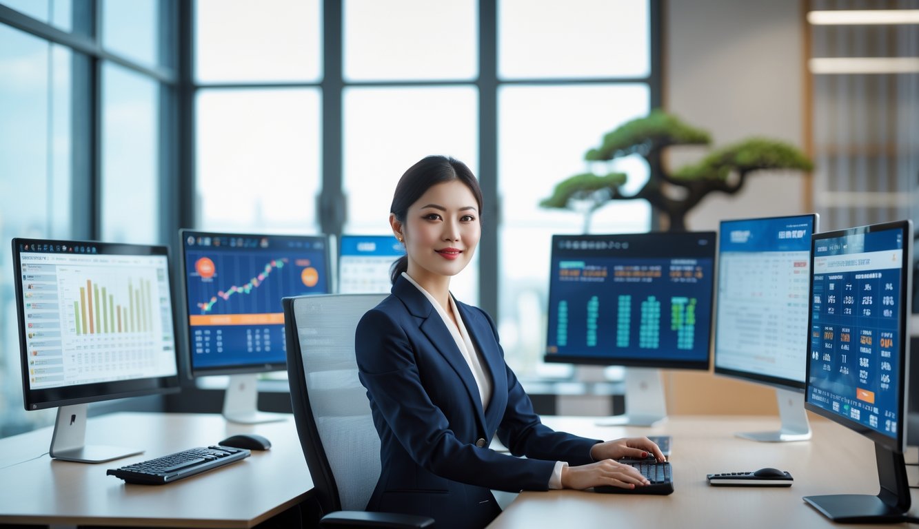 Seorang wanita bisnis Asia duduk di meja kantor modern dengan beberapa layar komputer menampilkan grafik dan angka, di latar belakang terdapat tanaman bonsai dan jendela besar.