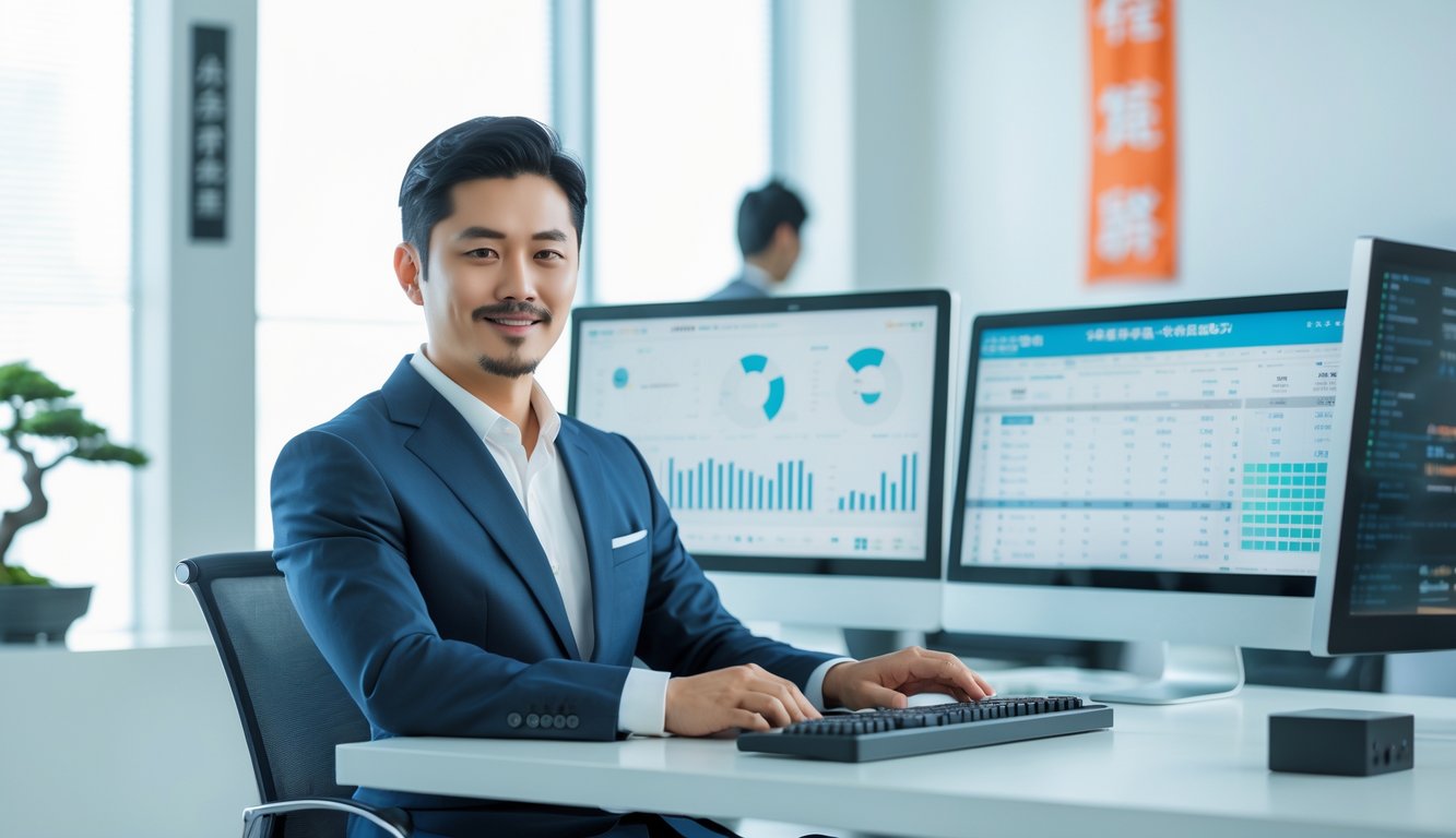 Seorang pria Asia berpakaian rapi duduk di kantor modern dengan layar komputer yang menampilkan data, menggambarkan layanan bandar togel Jepang terpercaya dan profesional.