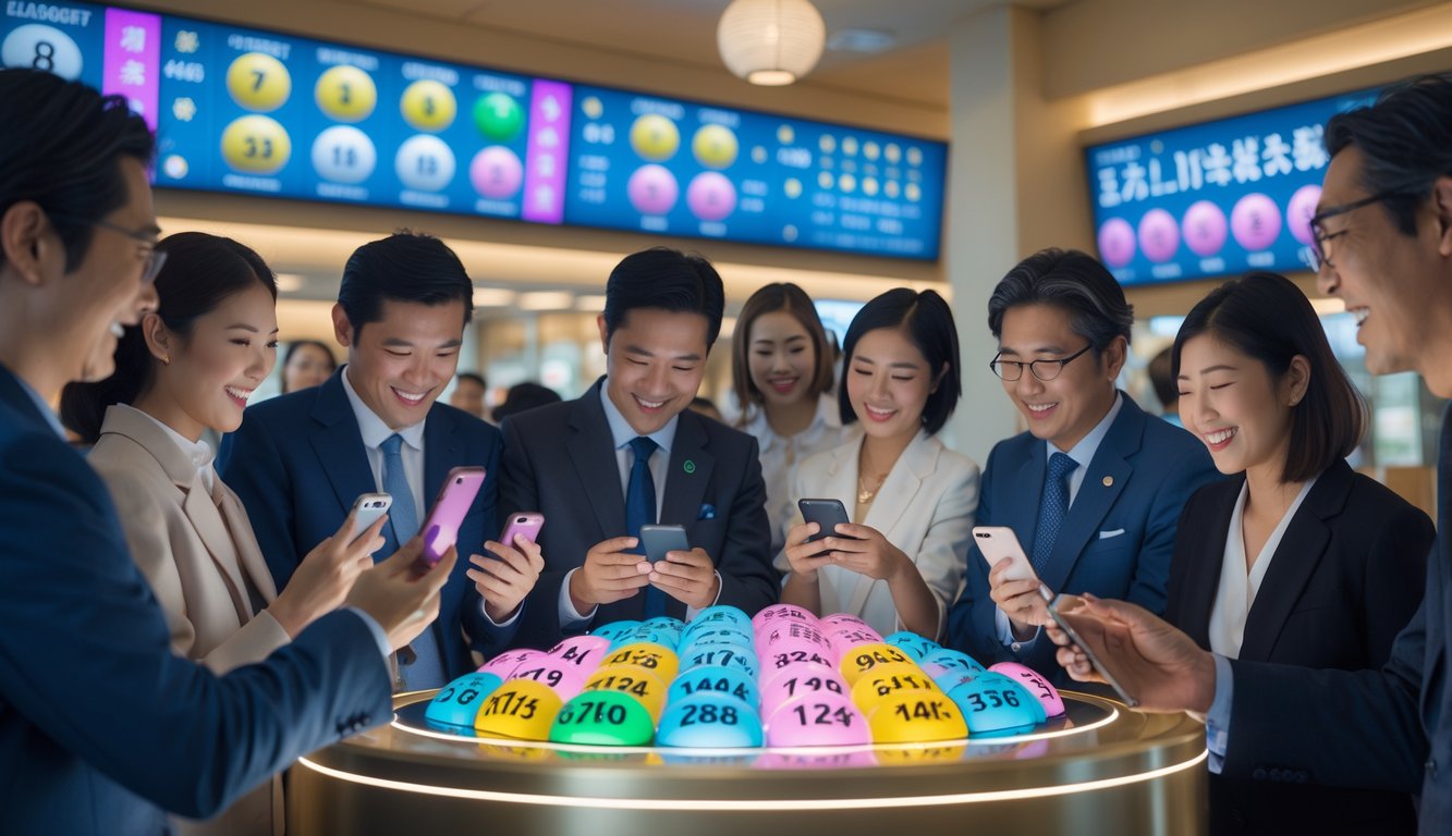 Orang-orang di ruang modern sedang menggunakan perangkat digital untuk bermain lotere dengan suasana cerah dan elemen budaya Jepang di latar belakang.