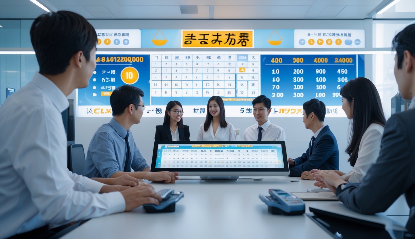 Suasana kantor modern dengan orang-orang yang menjalankan sistem togel Jepang secara adil dan profesional.