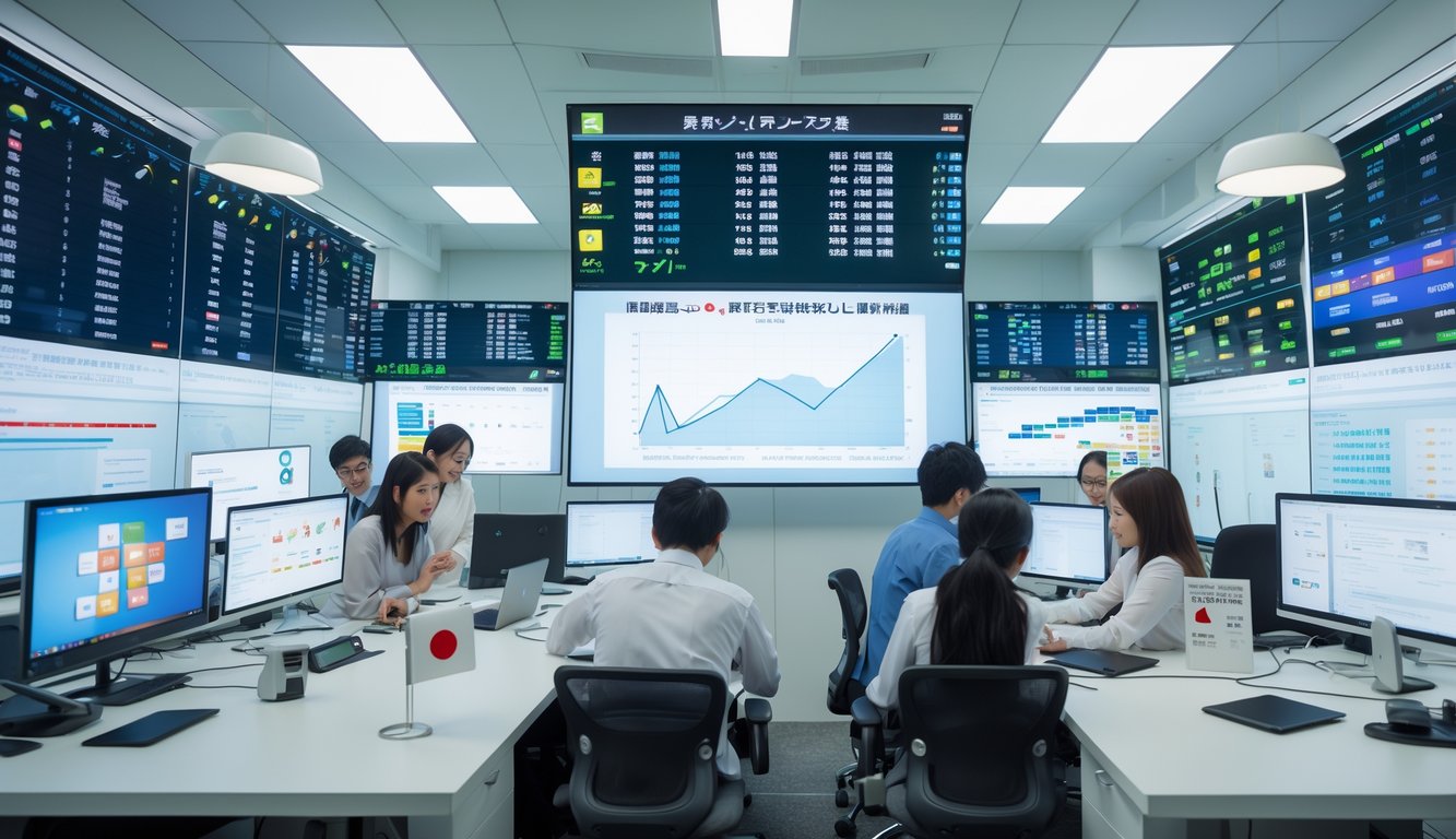 Sekelompok profesional muda di kantor modern sedang menggunakan komputer dan perangkat digital untuk menganalisis data terkait lotere Jepang.