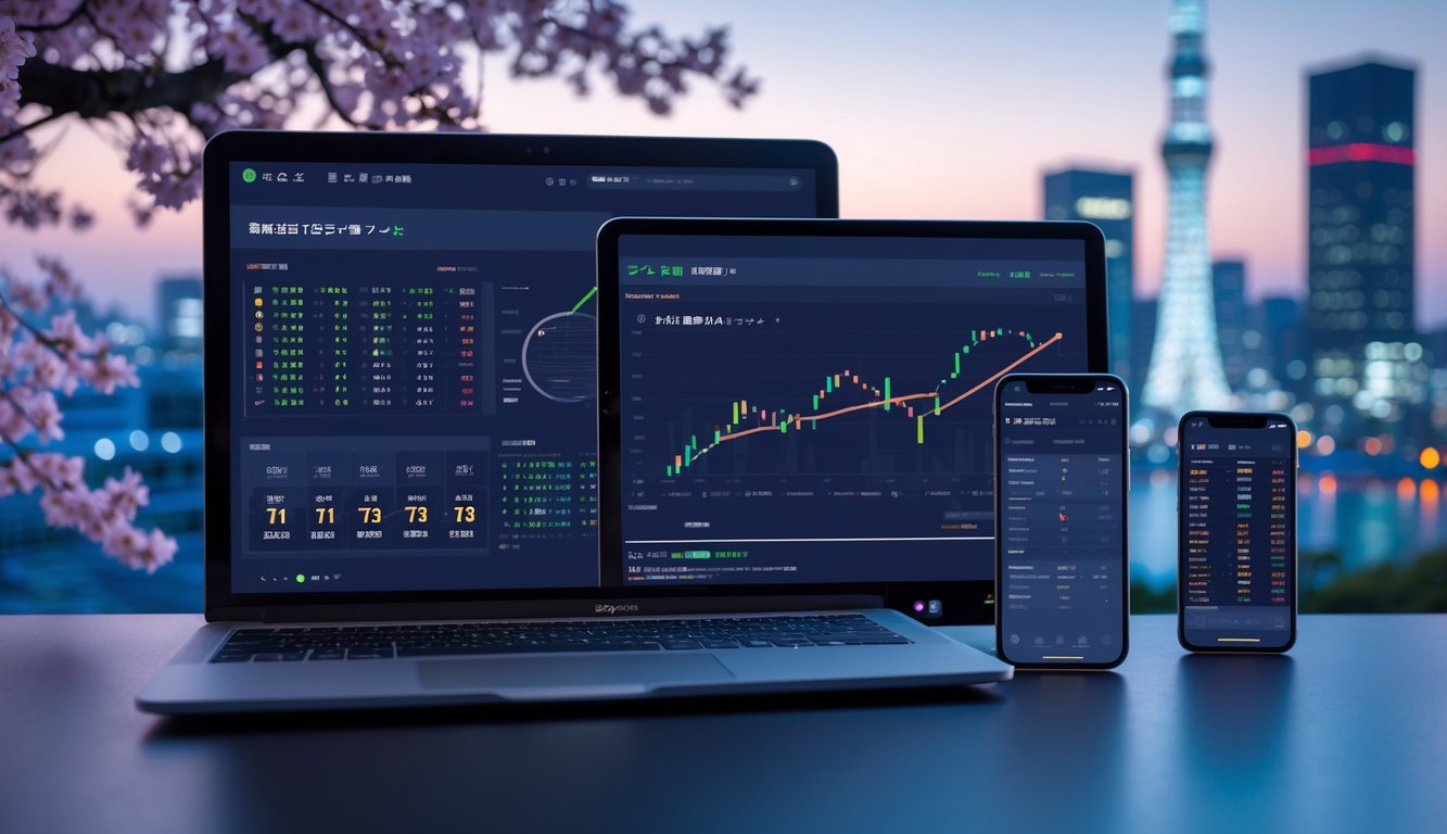 Beberapa perangkat digital menampilkan grafik dan angka cepat dengan latar belakang pemandangan kota Tokyo dan bunga sakura.
