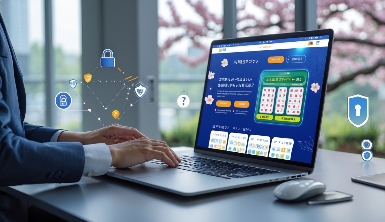 Seseorang menggunakan komputer di ruang kerja yang rapi dengan latar belakang elemen budaya Jepang dan simbol keamanan digital.