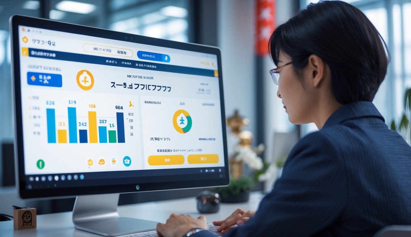 Seseorang menggunakan komputer dengan tampilan platform togel online yang aman dan terpercaya, dengan elemen budaya Jepang di latar belakang.