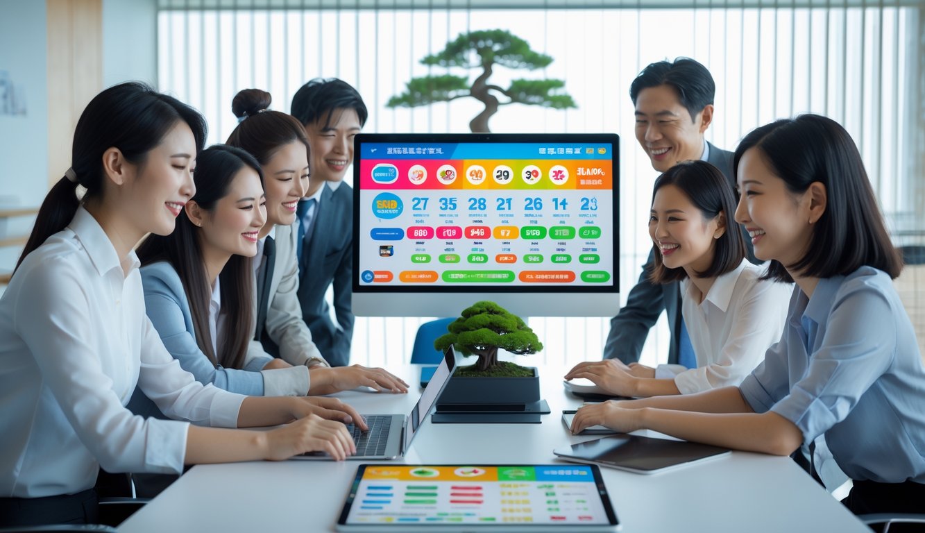 Sekelompok profesional muda Asia berkumpul di kantor modern dengan layar komputer menampilkan grafik terkait lotere Jepang.