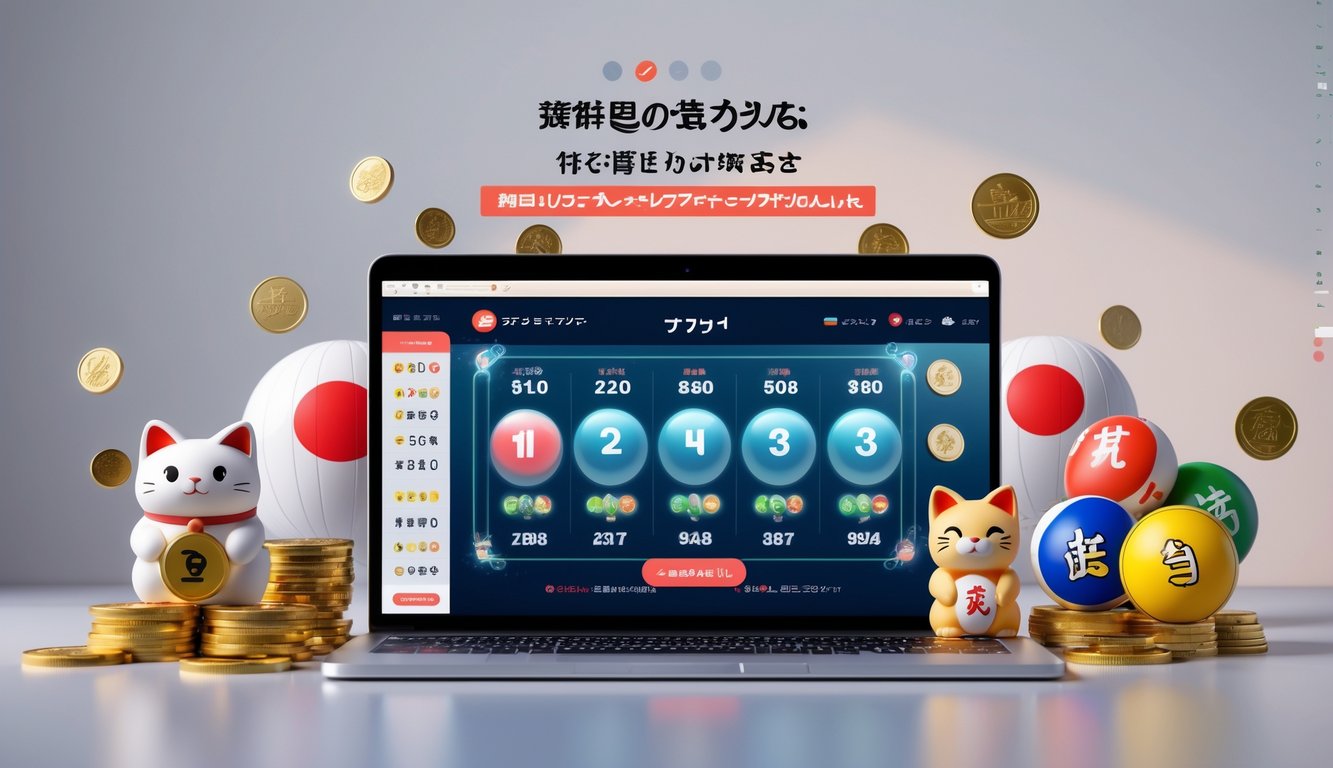 Seorang pria menggunakan laptop dengan tampilan antarmuka lotere Jepang, dikelilingi oleh koin Jepang dan patung kucing keberuntungan di meja.