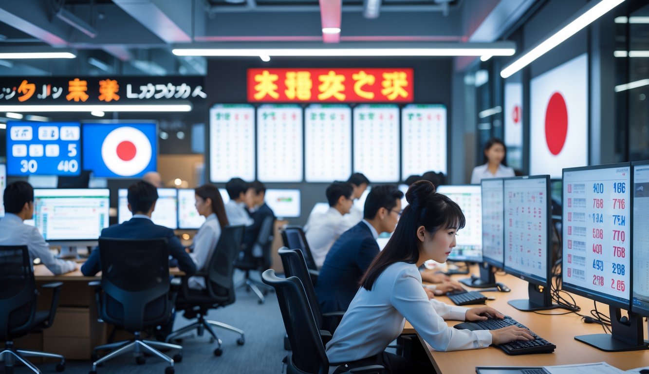 Sejumlah profesional bekerja di kantor modern dengan komputer yang menampilkan angka lotere dan elemen budaya Jepang di latar belakang.