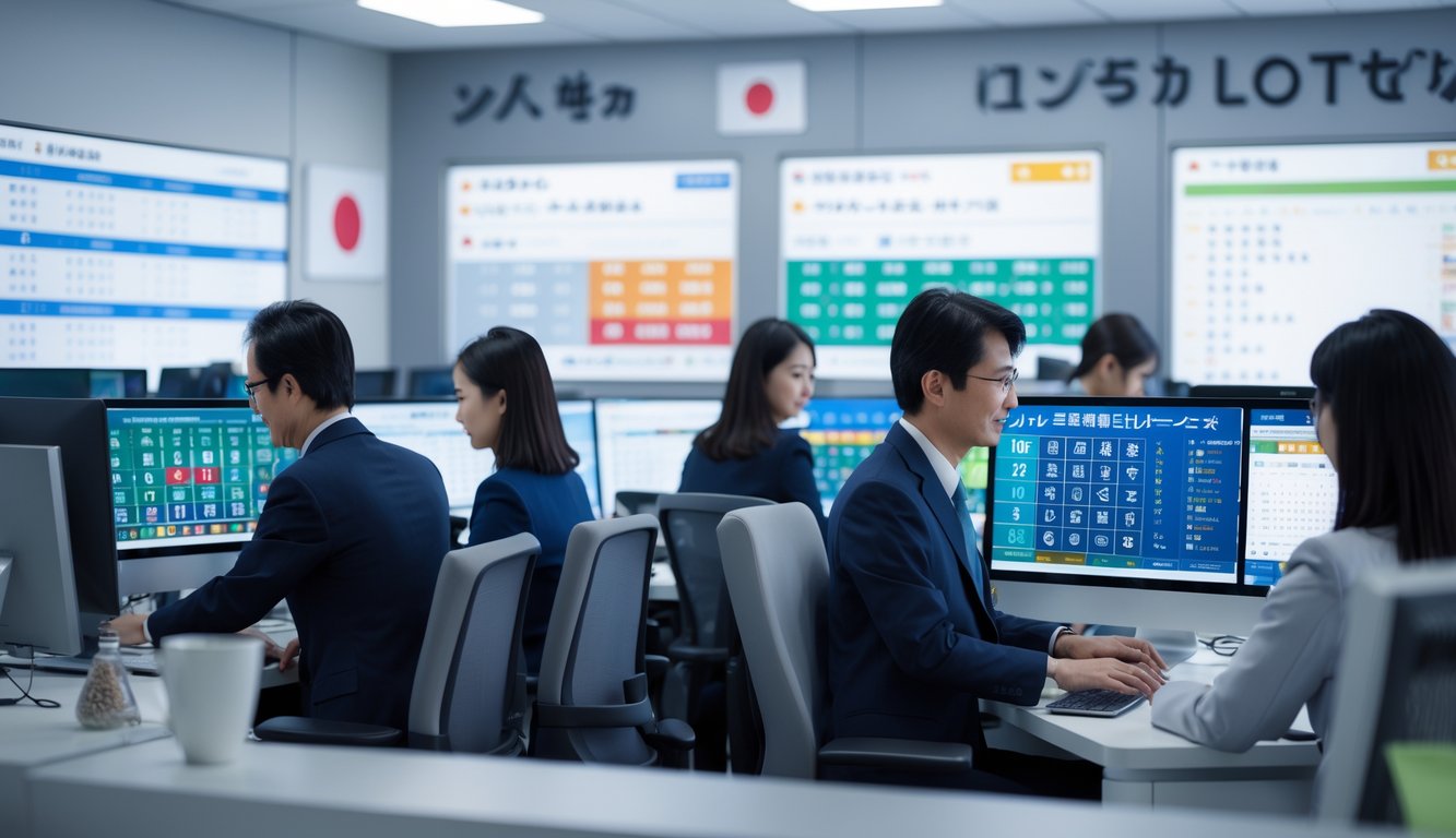 Sekelompok profesional bekerja di kantor modern dengan komputer yang menampilkan antarmuka lotere digital dan grafik, menggambarkan layanan lotere resmi Jepang yang tersedia 24 jam.