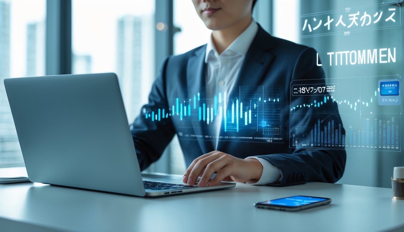 Seorang pebisnis Asia menggunakan laptop di kantor modern dengan tampilan grafik keuangan dan simbol mata uang yen Jepang di latar belakang.