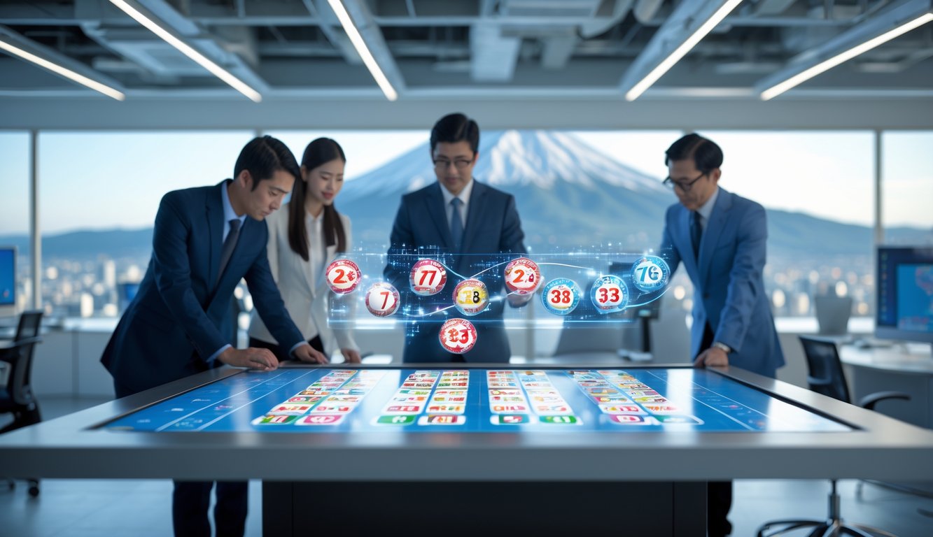 Sekelompok profesional bekerja bersama di kantor modern dengan layar digital menampilkan grafik angka togel dan elemen budaya Jepang.