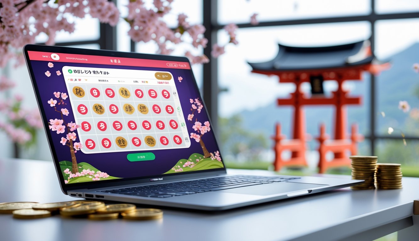 Suasana modern dengan perangkat digital menampilkan antarmuka lotere online bertema Jepang, dikelilingi elemen budaya Jepang seperti bunga sakura dan gunung Fuji.