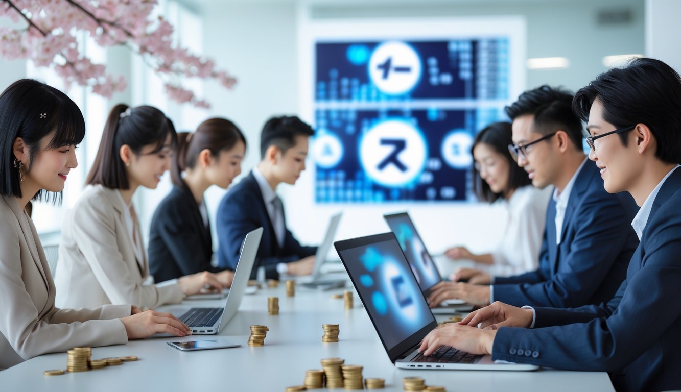 Beberapa orang muda menggunakan laptop dan ponsel di kantor modern dengan dekorasi Jepang, menunjukkan aktivitas taruhan togel online.