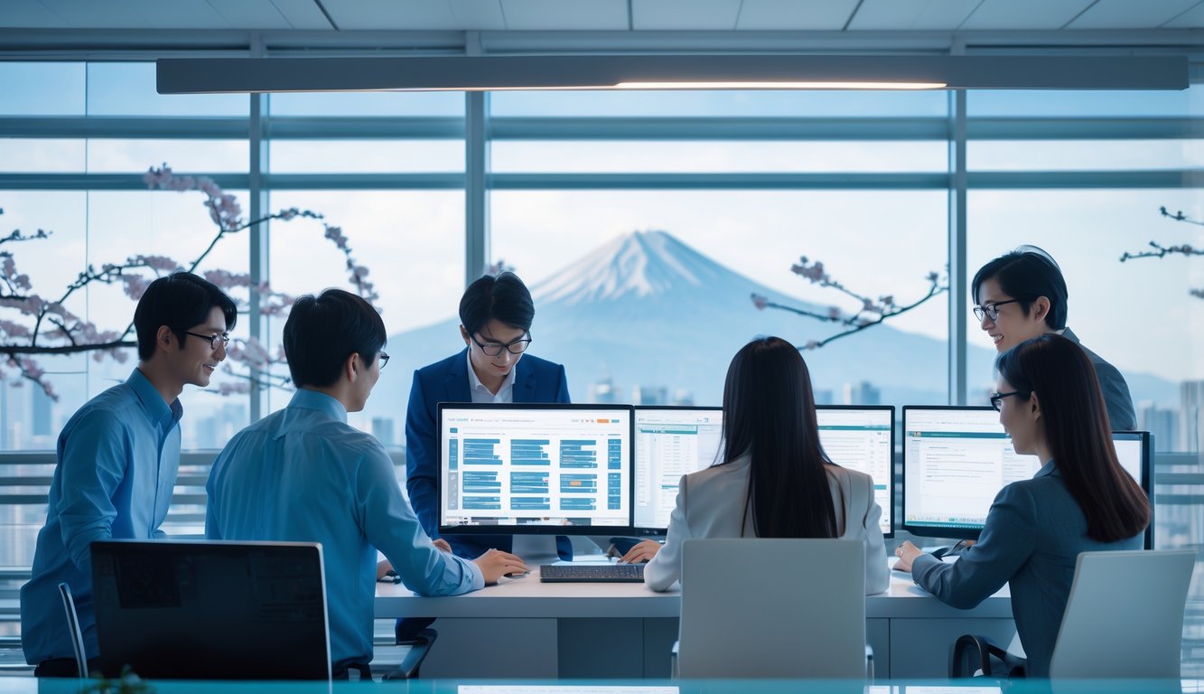 Sekelompok profesional muda bekerja bersama di kantor modern dengan latar belakang elemen budaya Jepang, fokus pada proses verifikasi cepat layanan togel.