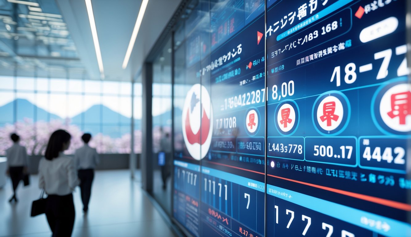 Layar digital menampilkan hasil togel Jepang secara langsung dengan latar belakang elemen budaya Jepang dan orang-orang di ruang kantor yang fokus pada layar.