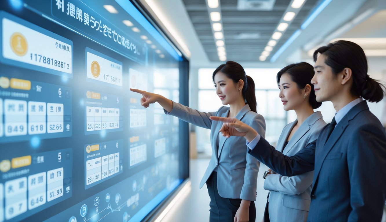 Sekelompok profesional sedang melihat dan berinteraksi dengan layar digital yang menampilkan hasil togel secara langsung di sebuah kantor modern dengan dekorasi minimalis Jepang.