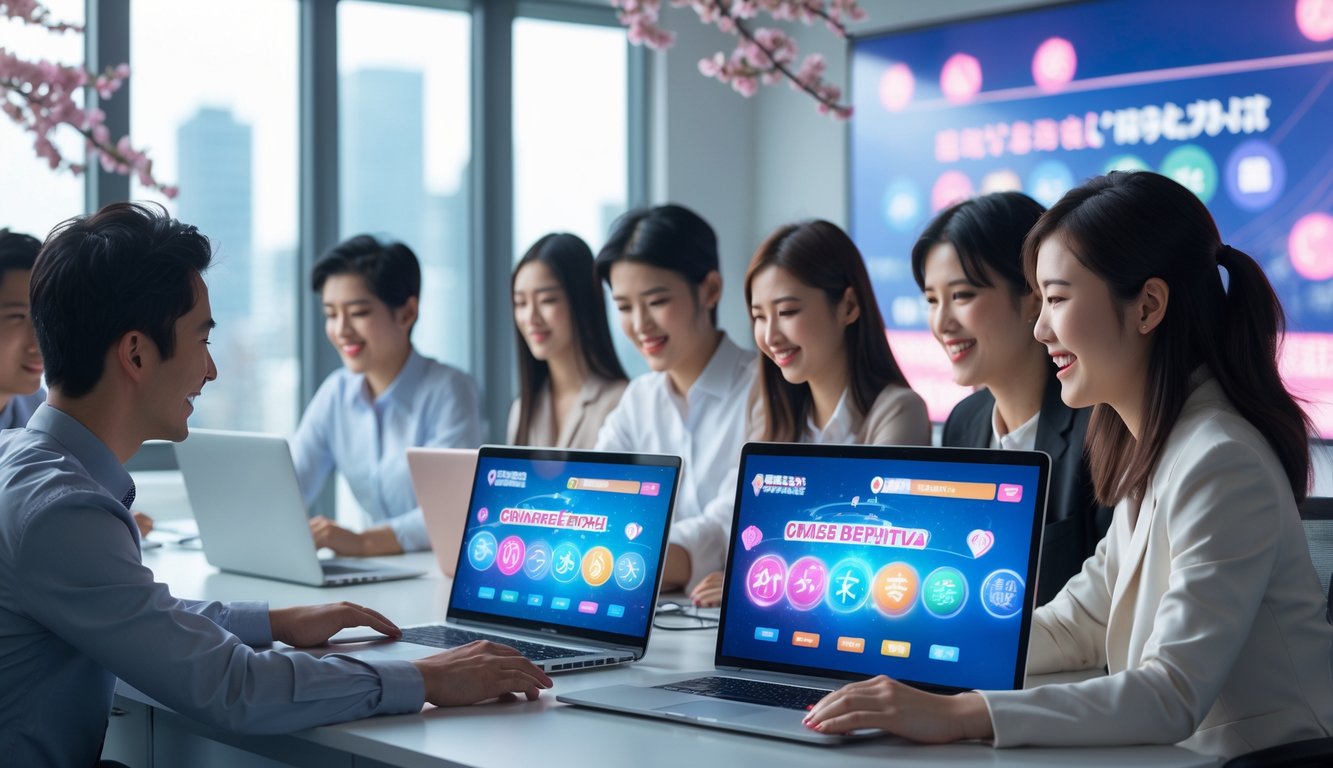 Sekelompok orang muda menggunakan laptop dan ponsel di kantor modern dengan latar belakang elemen budaya Jepang.