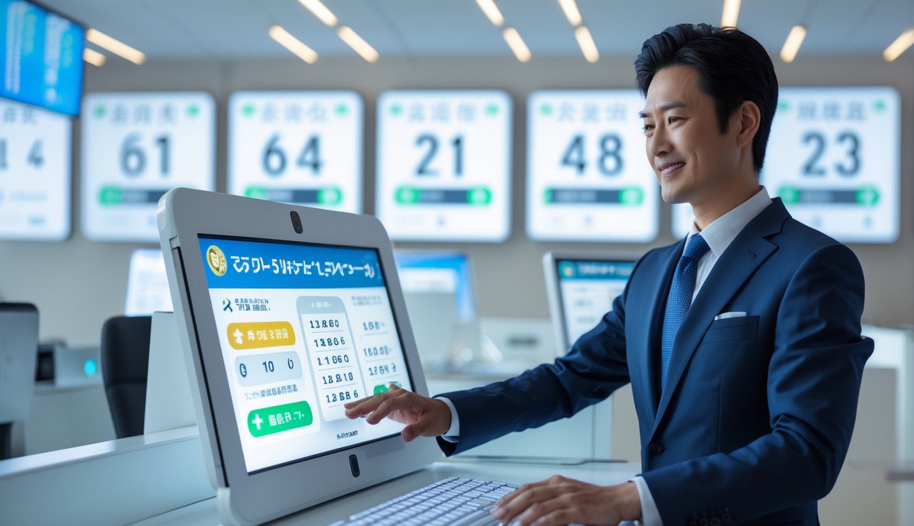 Seorang profesional Asia di ruang kantor modern sedang berinteraksi dengan layar digital yang menampilkan statistik lotere dan bonus.