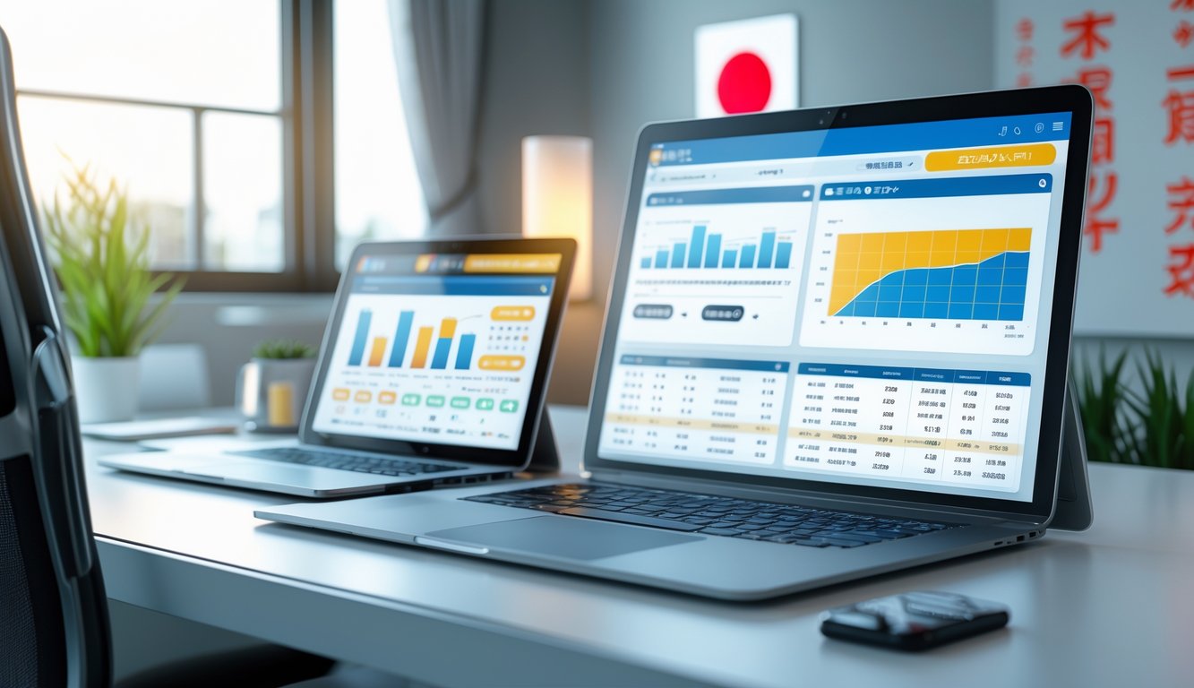 Meja kerja modern dengan perangkat digital yang menampilkan grafik dan angka terkait prediksi dan tingkat kemenangan togel Jepang.