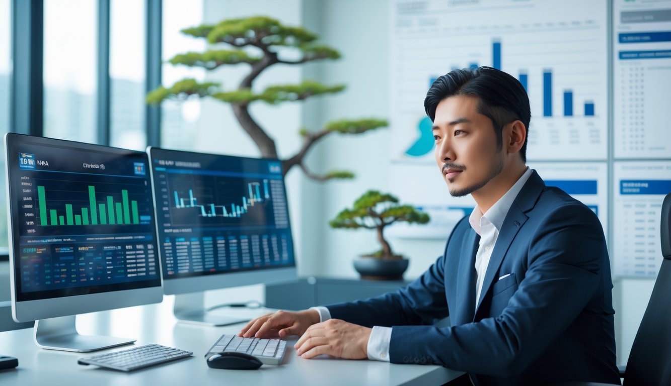 Seorang pria Asia di kantor modern sedang menganalisis data lotere dengan beberapa layar komputer dan dekorasi minimalis Jepang di latar belakang.