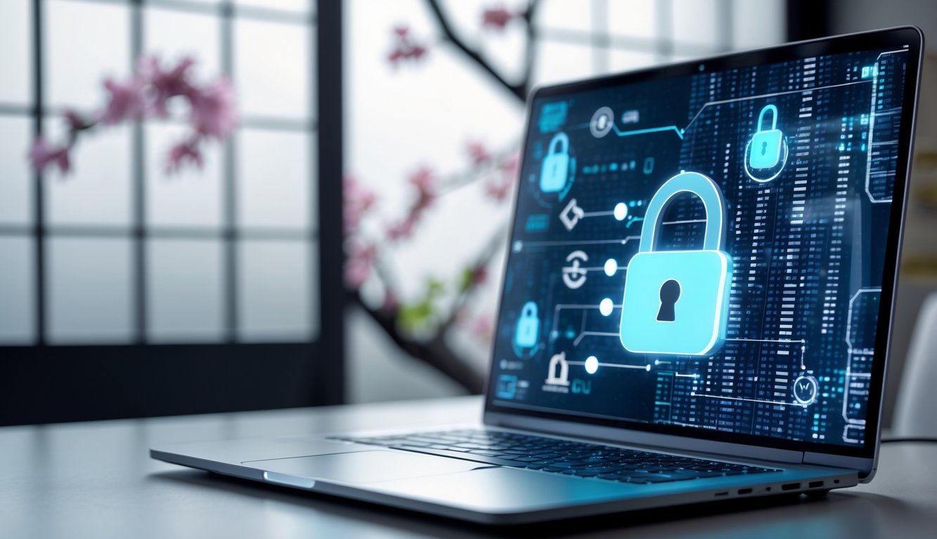 Seorang profesional menggunakan laptop di meja kerja dengan latar belakang elemen budaya Jepang dan grafik keamanan digital yang menunjukkan perlindungan data.