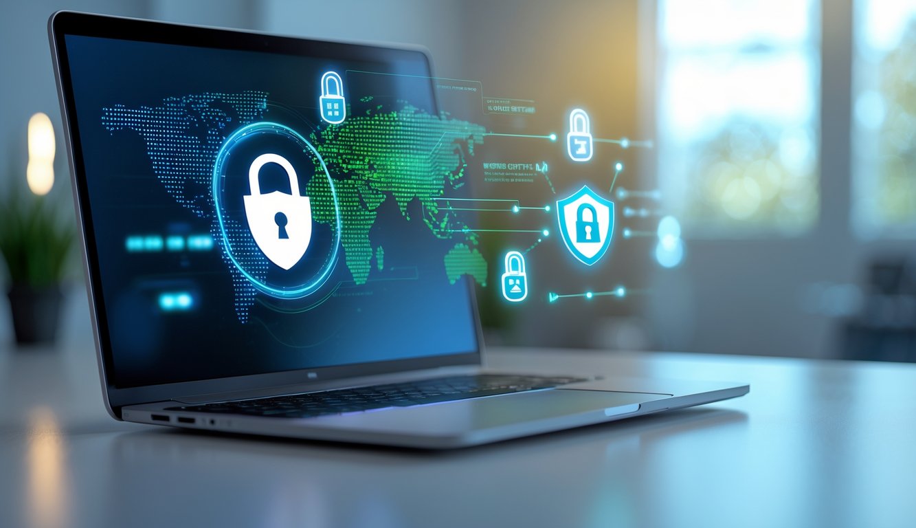 Laptop modern di atas meja dengan ikon kunci aman dan simbol enkripsi data di layar, menunjukkan keamanan bermain togel online.