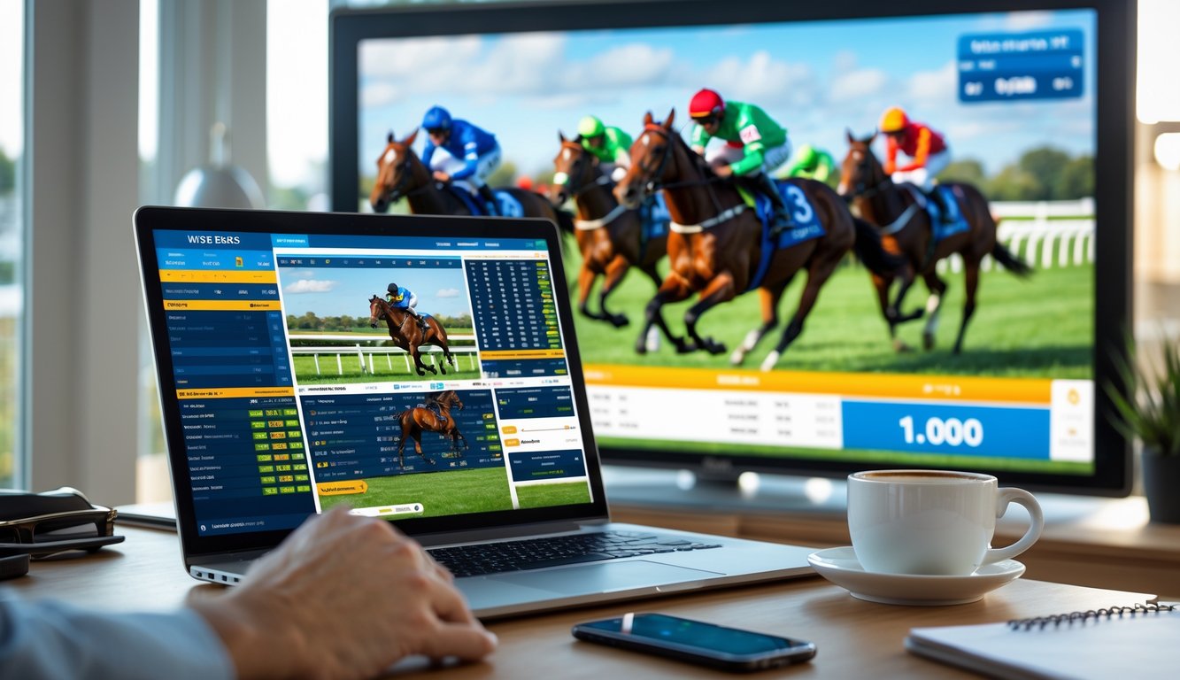 Seorang pria menggunakan laptop di meja dengan layar menampilkan situs judi balap kuda online, di latar belakang layar menampilkan balapan kuda yang sedang berlangsung.