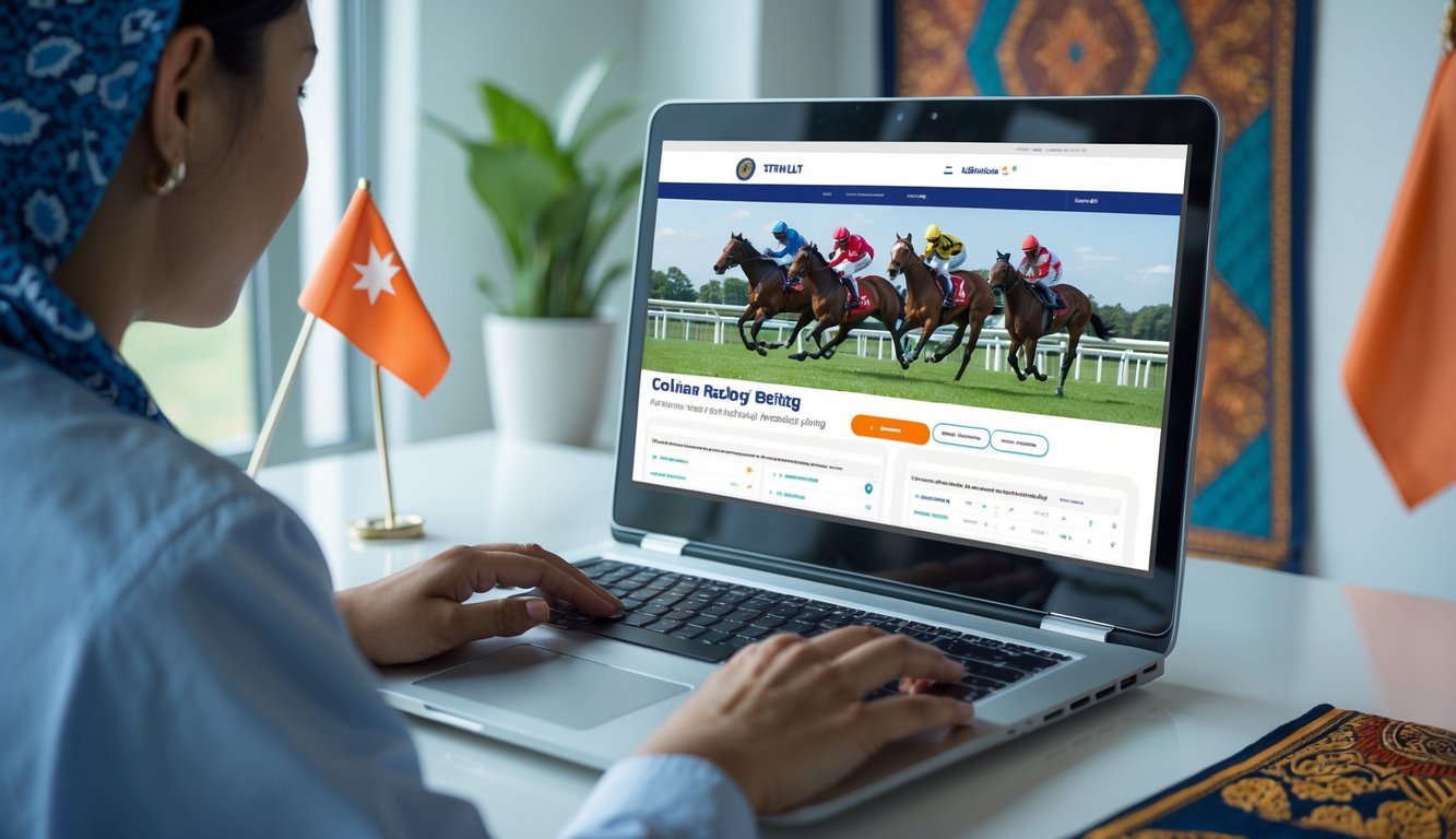 Seseorang menggunakan laptop dengan tampilan situs judi balap kuda online resmi dan aman di lingkungan kerja yang bersih dan terang.