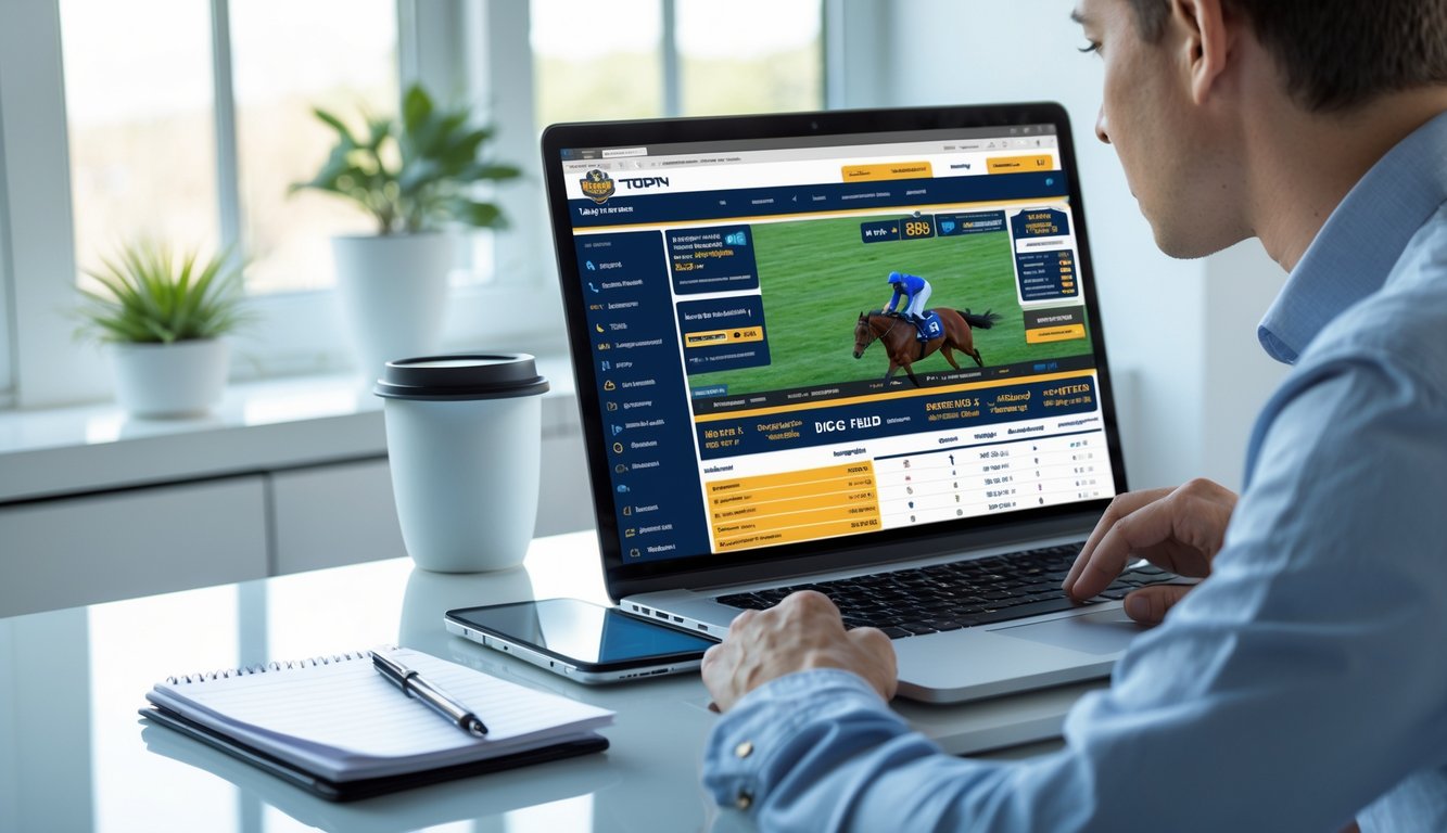 Seorang pemula sedang duduk di meja dengan laptop terbuka yang menampilkan situs balap kuda online, sambil mencatat dan fokus mempelajari strategi taruhan.