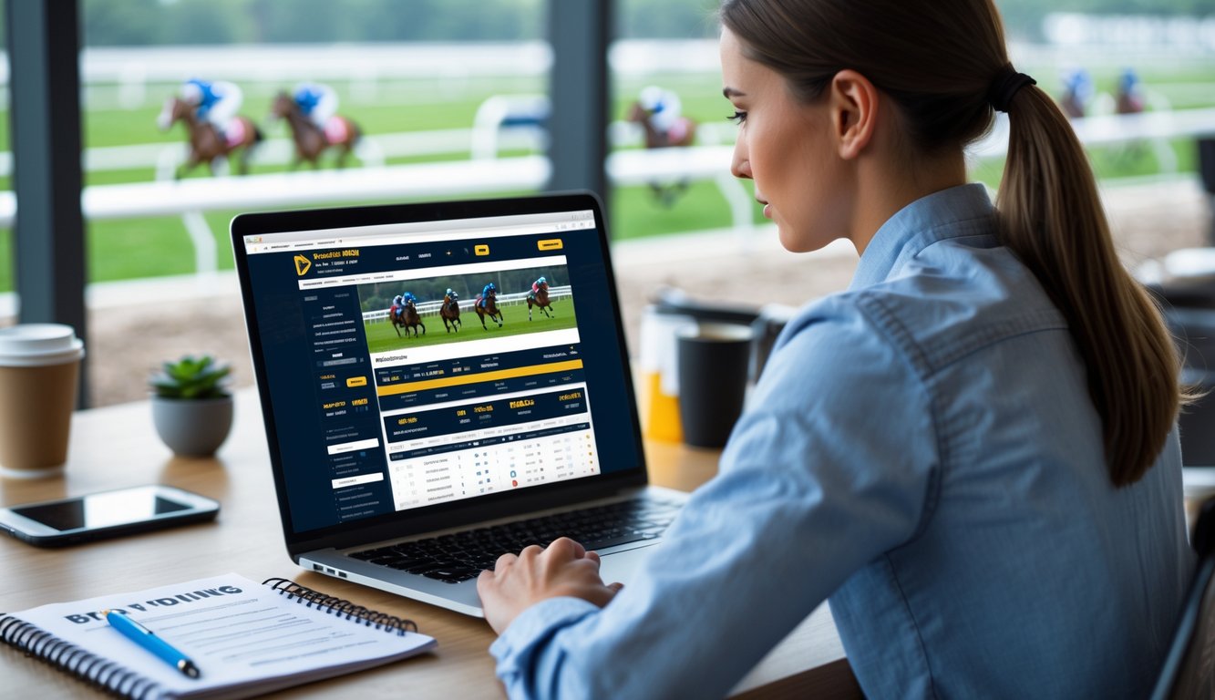 Seorang pemuda duduk di meja dengan laptop membuka situs judi balap kuda online, fokus mempelajari statistik dan strategi taruhan.