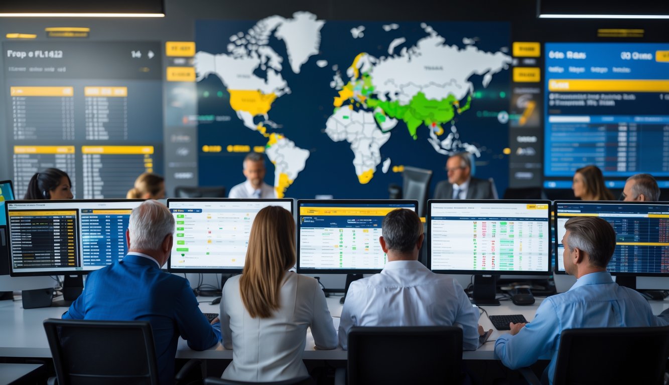 Orang-orang yang sedang menggunakan komputer untuk memasang taruhan balap kuda secara online dengan tampilan data balapan di layar.