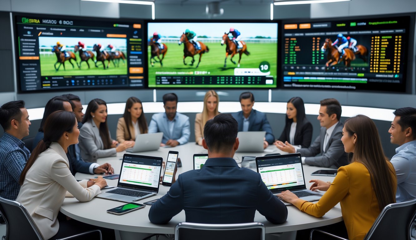 Sekelompok orang dari berbagai latar belakang sedang menggunakan perangkat digital untuk mengikuti dan memasang taruhan balap kuda secara online dalam ruangan modern.
