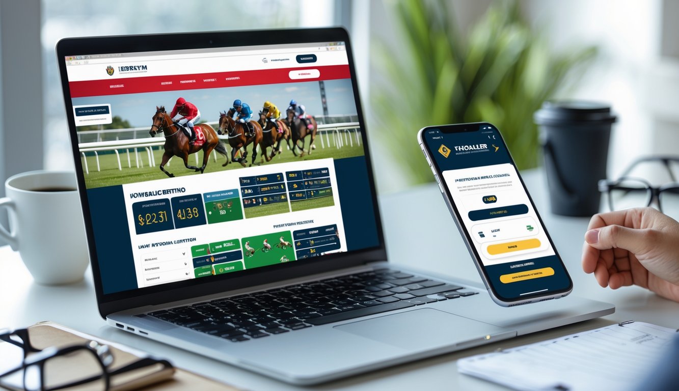 Seseorang menggunakan laptop dan ponsel untuk memasang taruhan balap kuda secara online di sebuah meja kerja yang rapi.